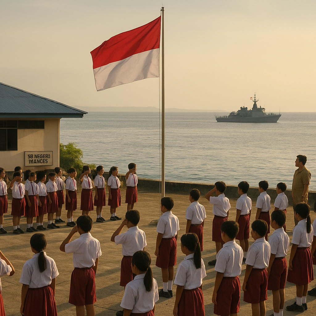 Potret Pagi di SD Terdepan Pulau Miangas: Bendera Berkibar di Bawah Pengawasan Kapal Perang