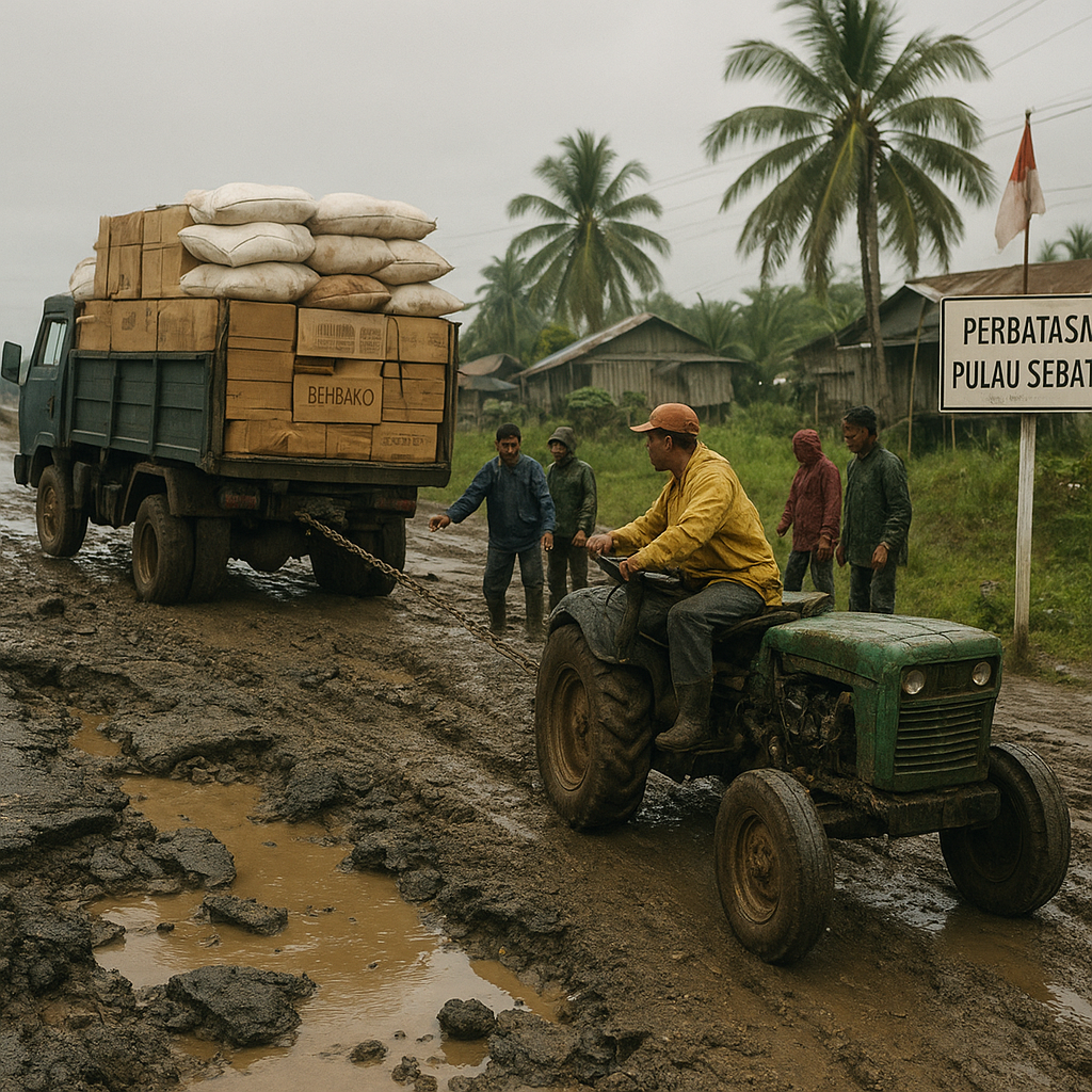 Jalan Nasional di Perbatasan Sebatik Bolong-bolong, Truk Pengangkut Sembako Harus Ditarik Pakai Tractor