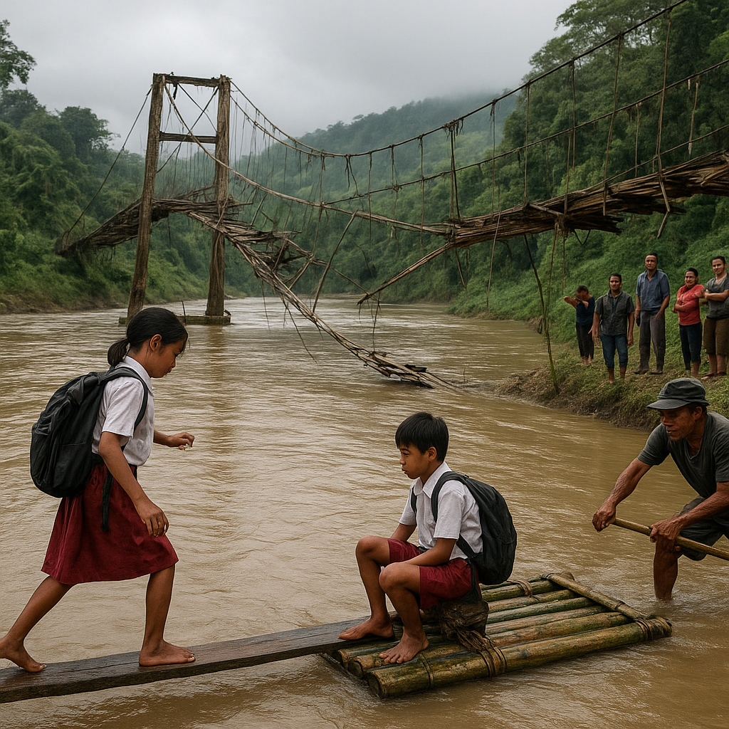 Jembatan Gantung di Desa Long Bagun, Mahakam Ulu, Rusak Parah, Anak-anak Sekolah Terpaksa Menyeberang dengan Rakit