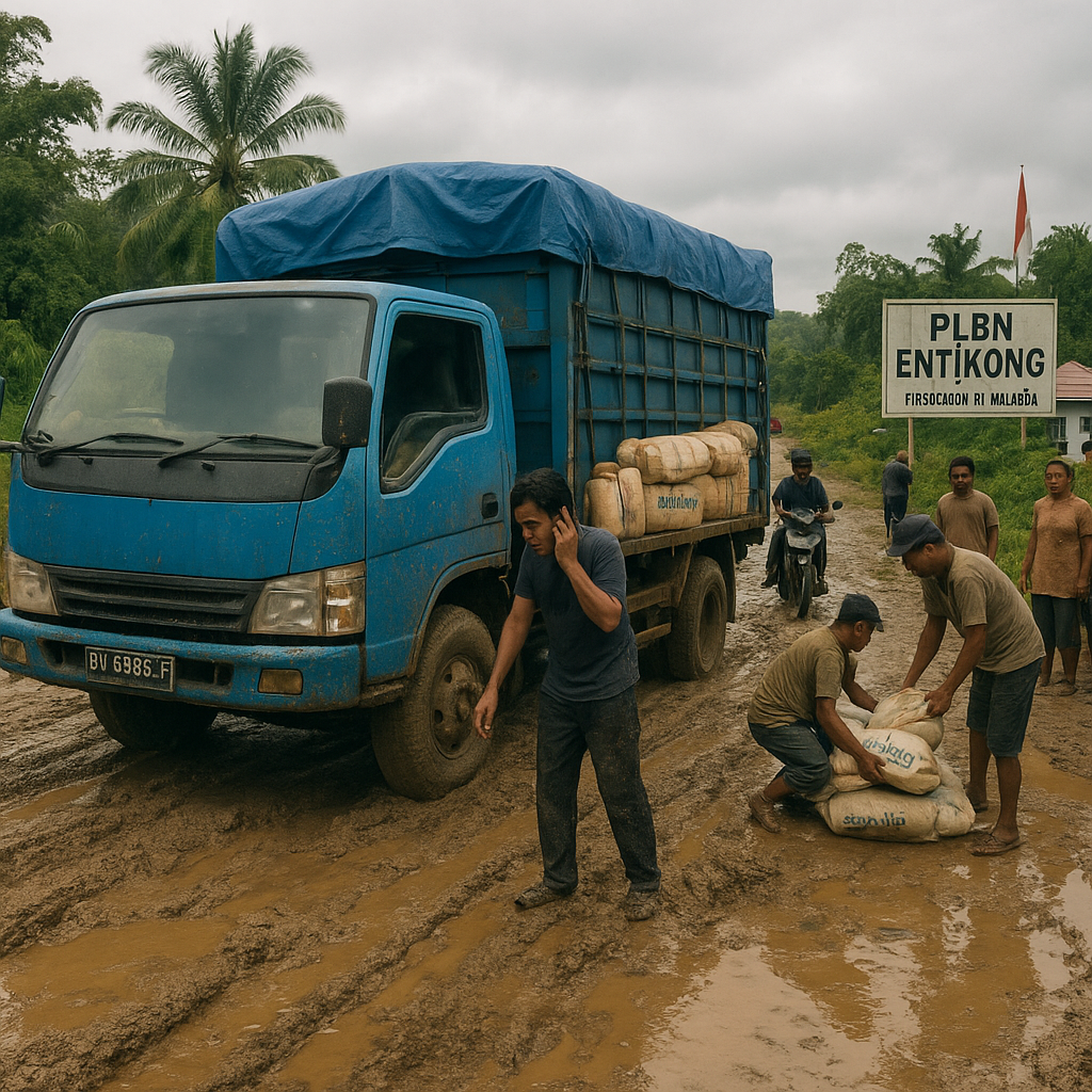 Jalan Raya Trans Kalimantan di Perbatasan Entikong Masih Berlubang, Truk Pengangkut Sembako Terancam Mogok