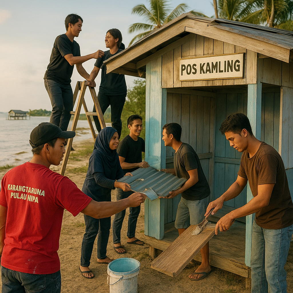 Generasi Penerus di Tapal Batas: Karang Taruna Pulau Nipa Gotong Royong Perbaiki Taman Pos Kamling