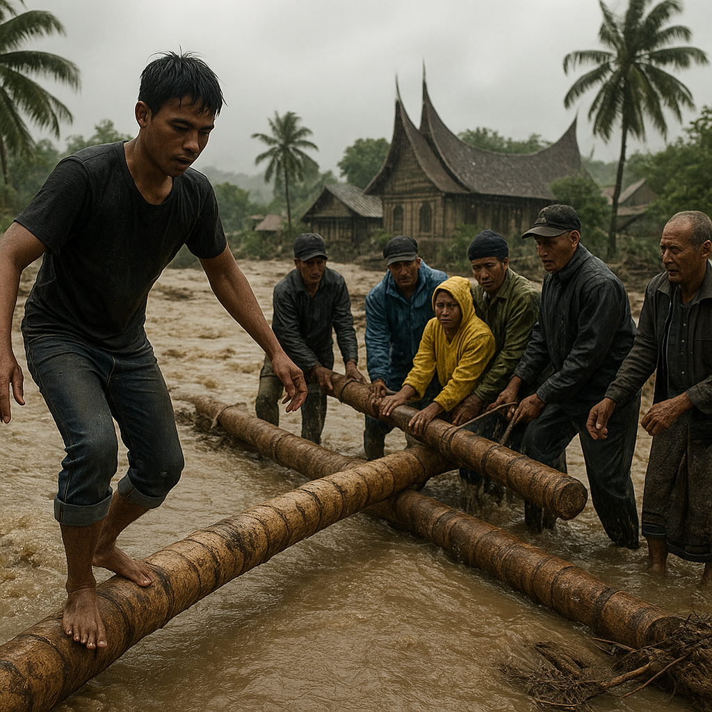 2 Hari Terisolasi, Warga Tanah Datar Bangun Jembatan dari Batang Kelapa