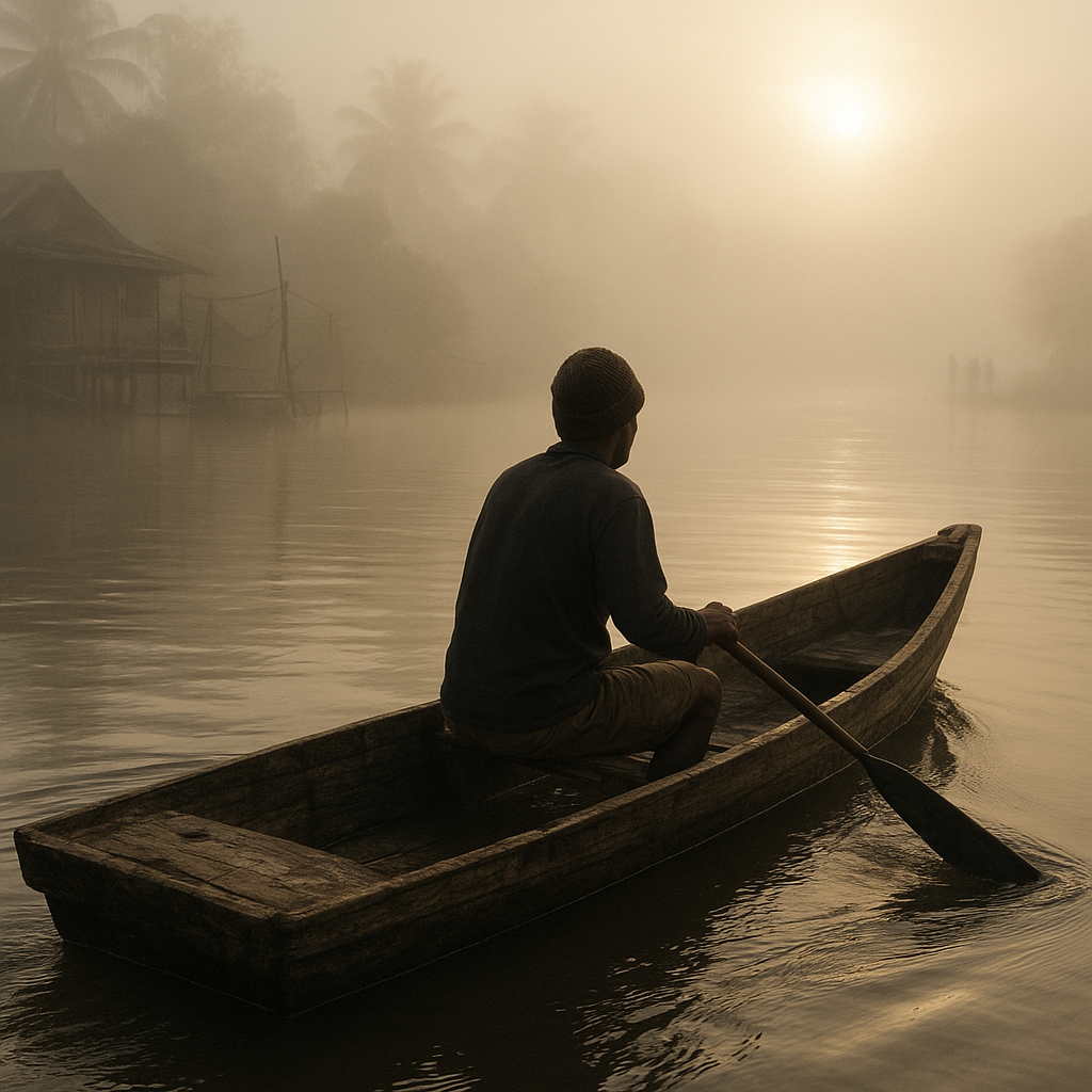 Perahu Kayu Kecil Menembus Kabut Pagi di Sungai Skow, Perbatasan RI-PNG