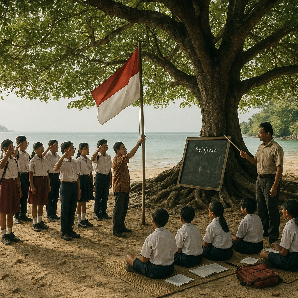 Upacara Bendera di Pulau Braso, 17 Pelajar dan 2 Guru di Bawah Pohon Ketapang