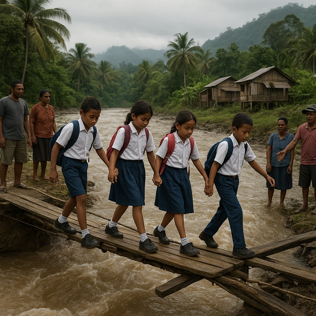 Jembatan Penghubung Desa Perbatasan di Papua Mulai Terkikis, Anak Sekolah Harus Menyeberang Sungai Berarus Kencang