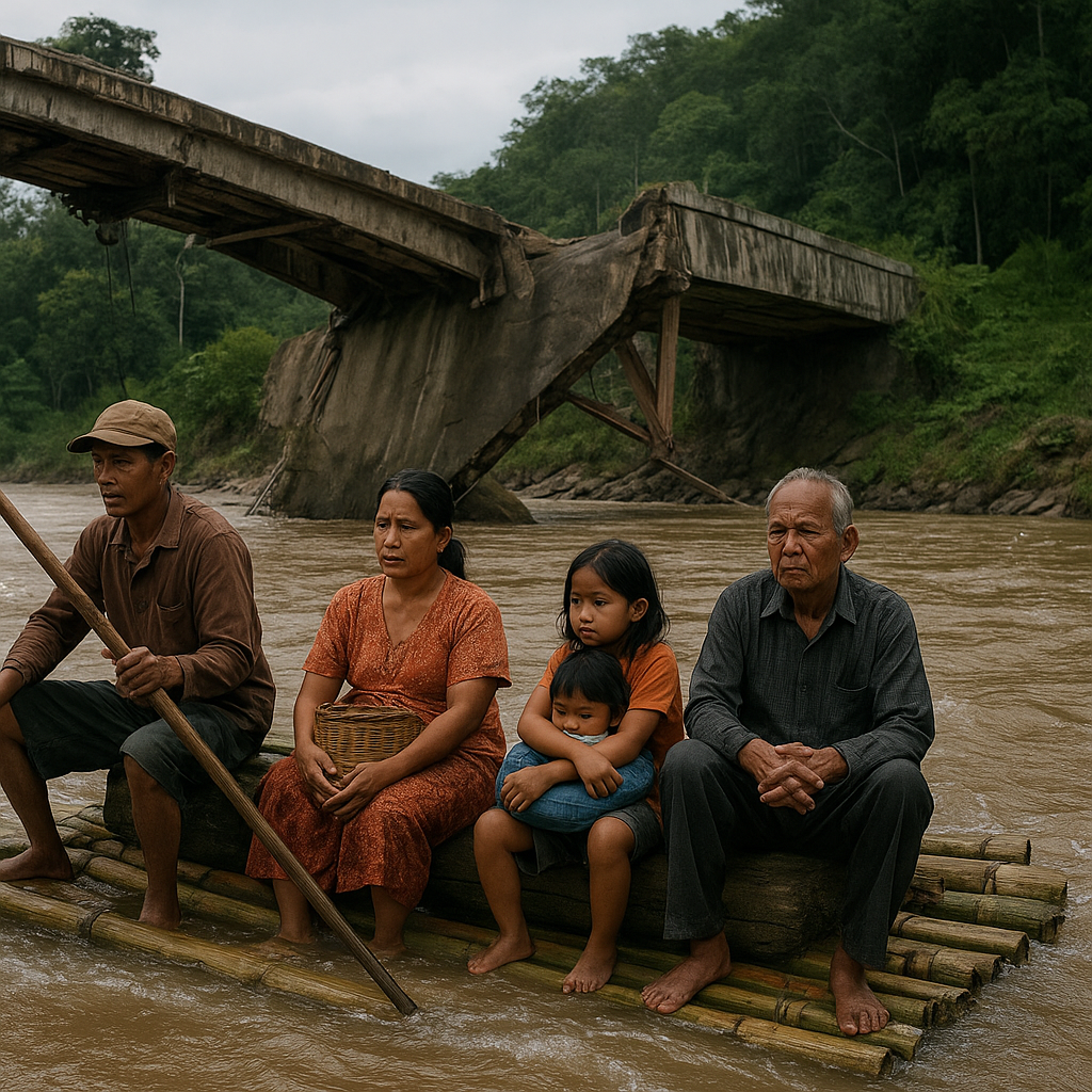 Jembatan Putus, Harapan Terhubung: Kisah Warga Aruk Menyeberangi Sungai Perbatasan dengan Rakit Bambu