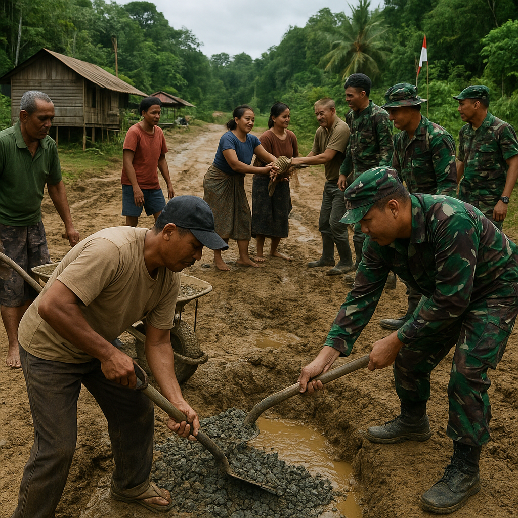Perbaikan Jalan Perbatasan di Long Bawan: Warga Bersama TNI Menyelesaikan Kerusakan