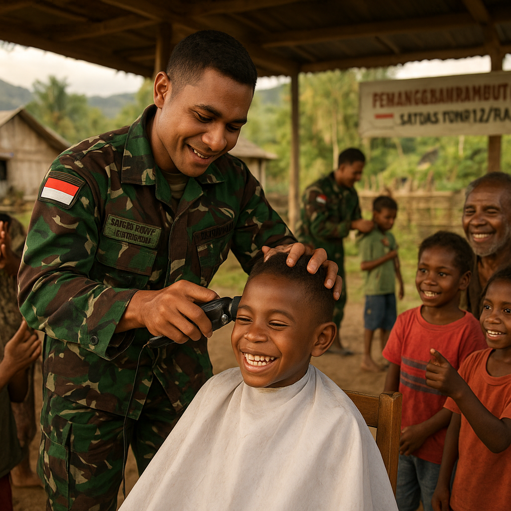 Sentuhan Humanis TNI di Tanah Papua: Satgas Yonif 123/Rajawali Pangkas Rambut Anak-Anak, Hadirkan Keceriaan di Perbatasan