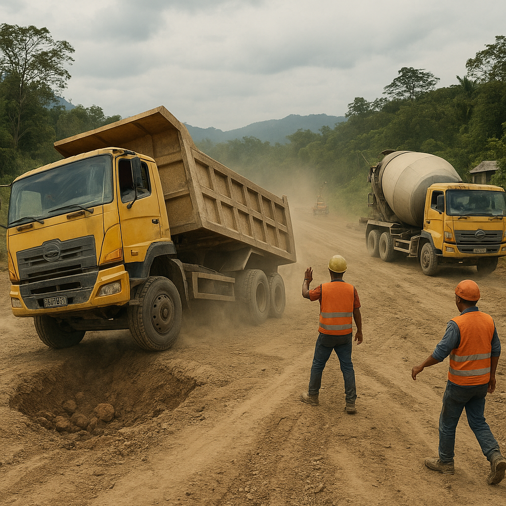 Jalan Tapal Batas: Truk Pengangkut Material Berjuang di Medan Liku Entikong